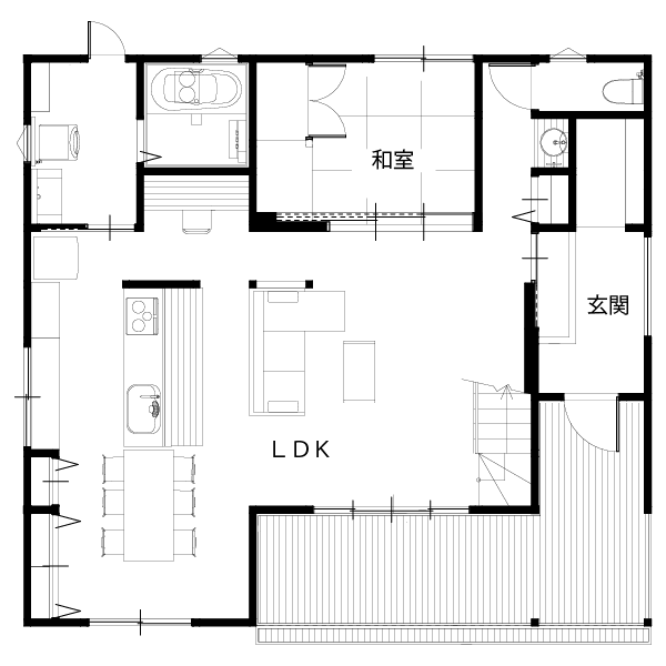 ウチとソトが繋がる白いアメリカンハウス・1階間取り図