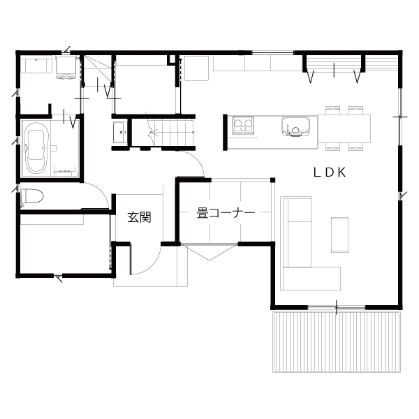 ③洋風LDKに溶け込む畳コーナーのある家
