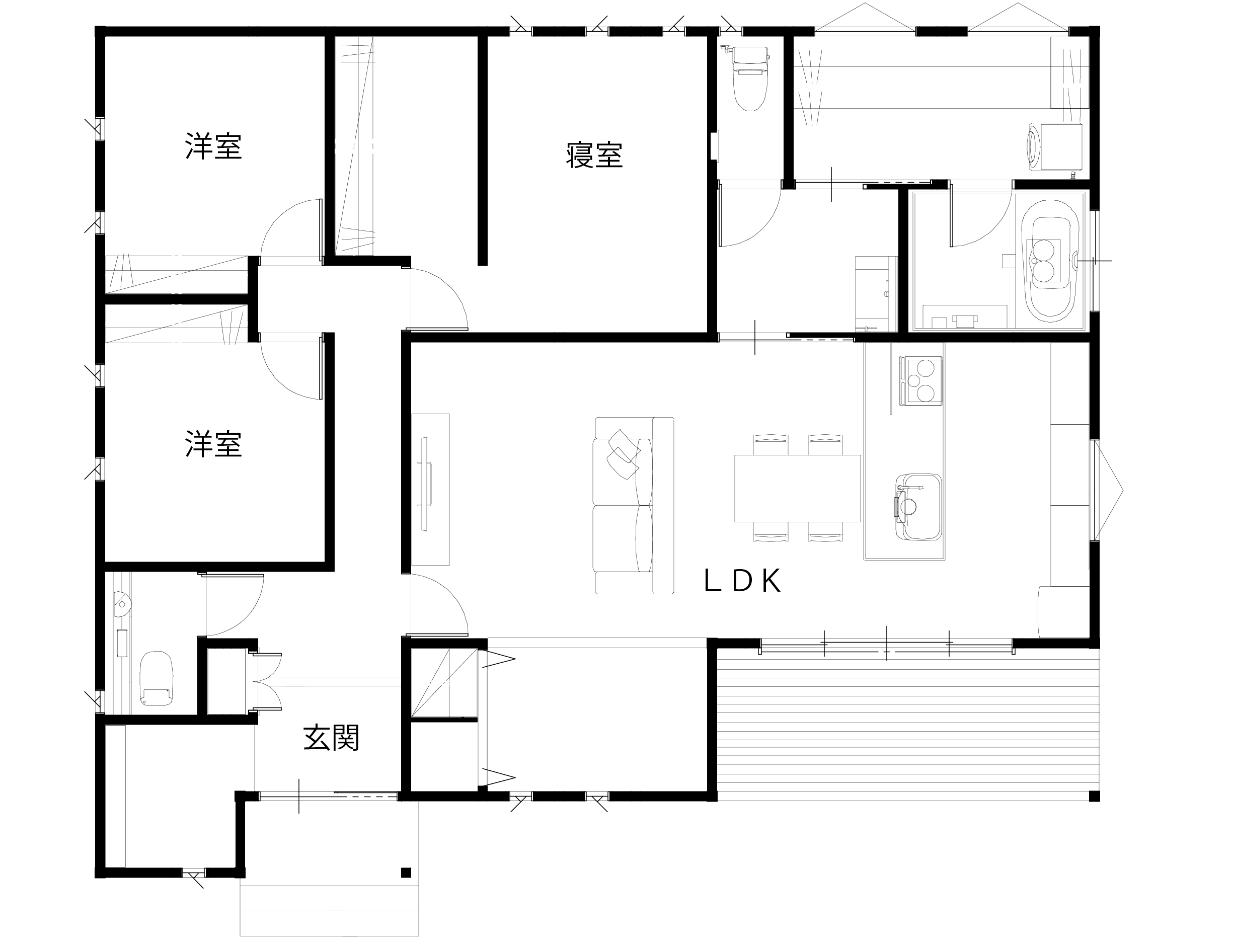 30.51坪｜トイレ2つを備えた片流れ屋根のL字型平屋間取り図