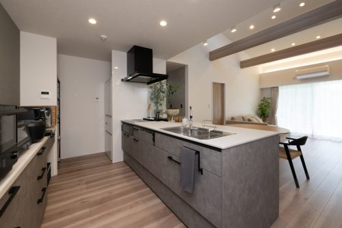 グレーと木目が調和する　平屋のガレージハウス