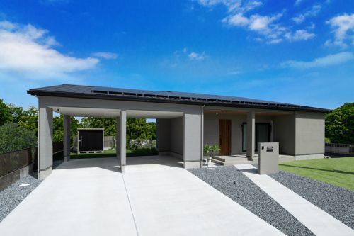 グレーと木目が調和する　平屋のガレージハウス