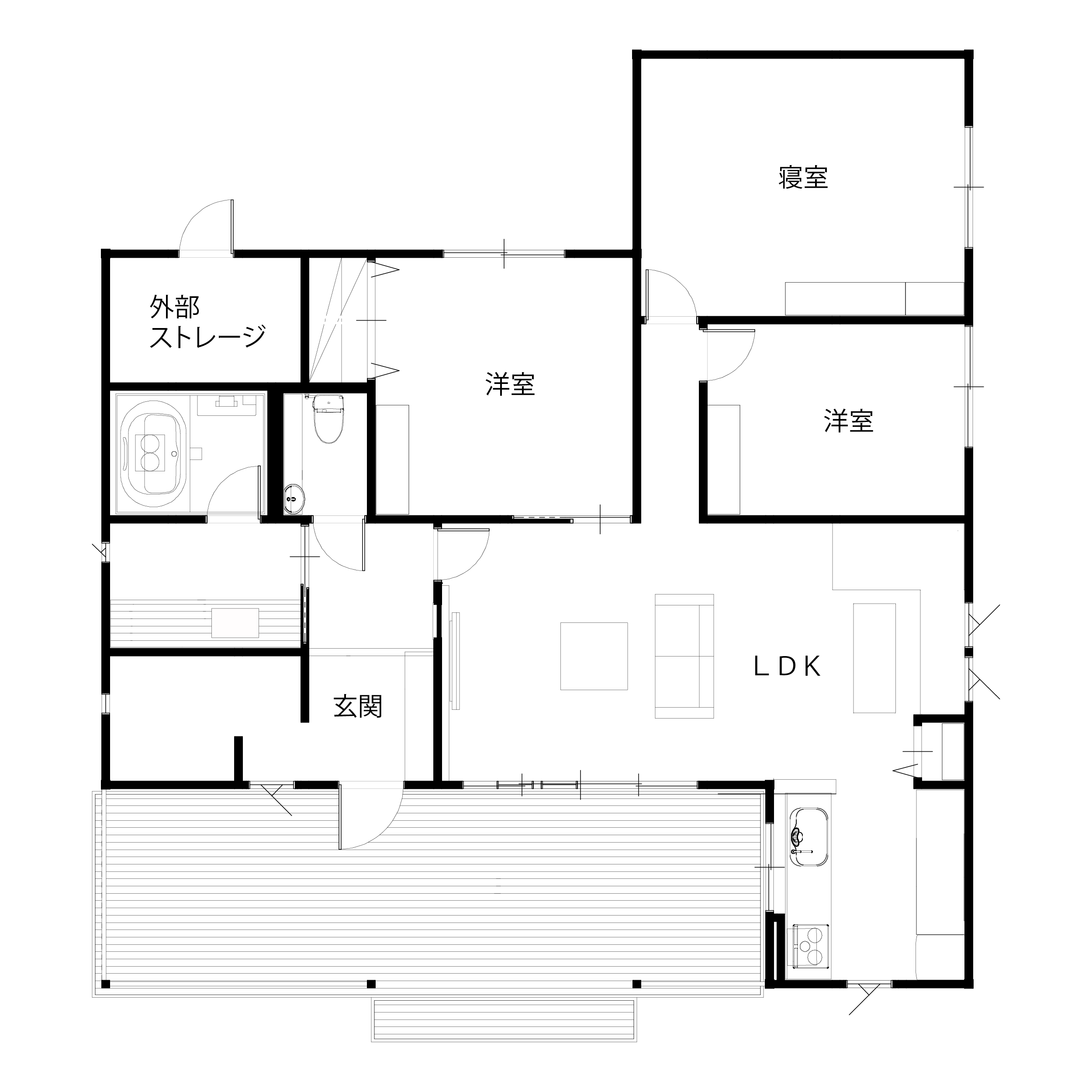 Ｔ字型の平屋の間取り