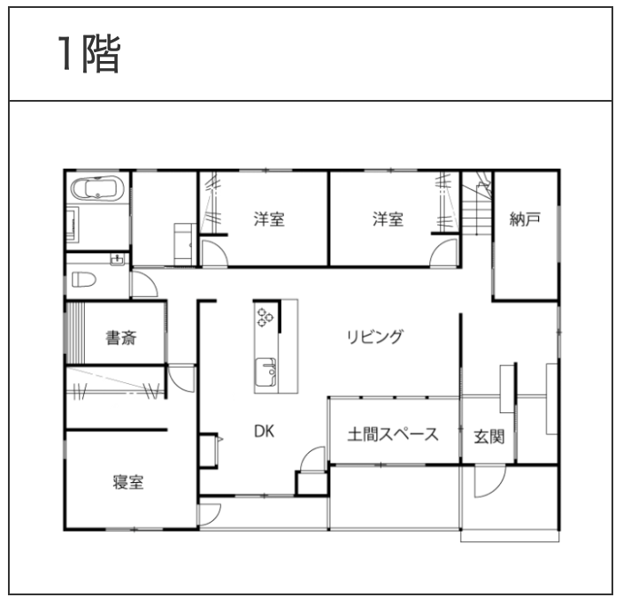 【35坪・南玄関】スキップフロアに書斎のある ナチュラルリビングの平屋・間取り図