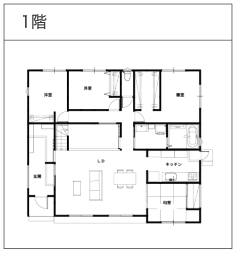 中二階を書斎として活用する平屋・1階平面図