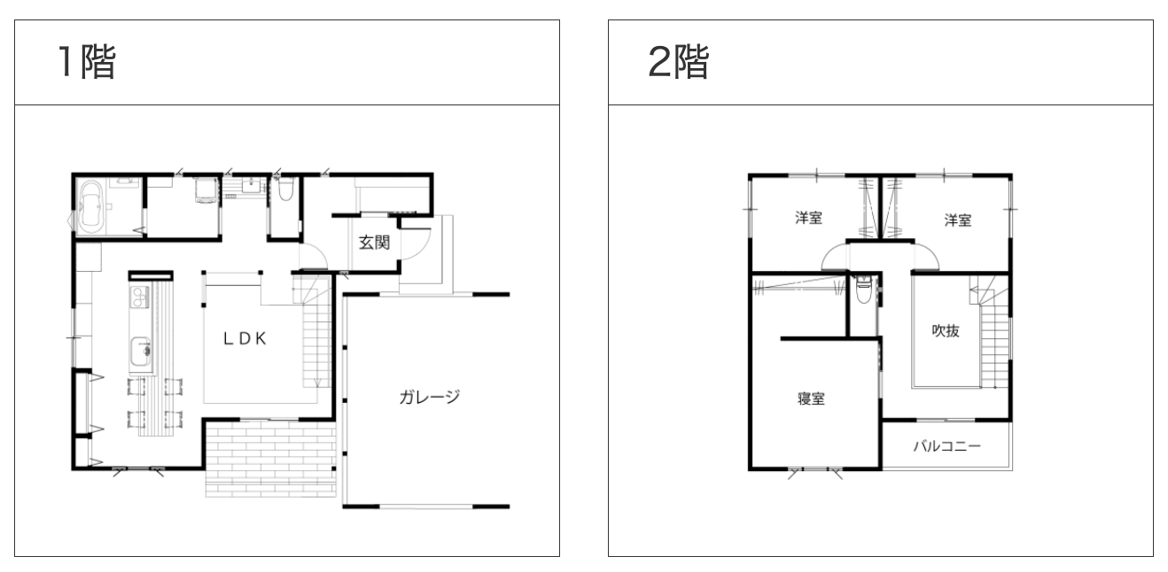 ダウンフロアリビングと組み合わせて開放感を強調・間取り図