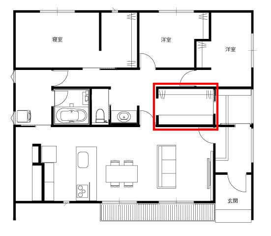 シューズクローゼットとつながるファミリークローゼット