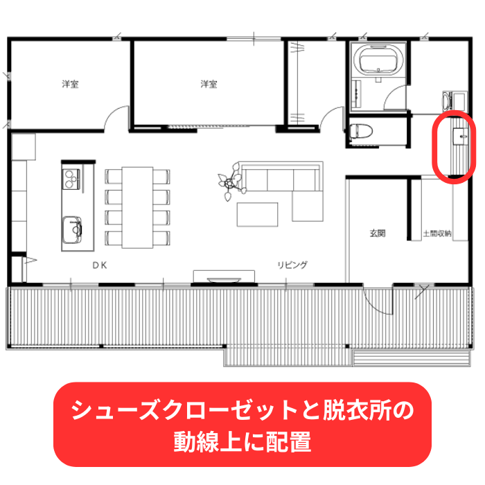 シューズクローゼットと脱衣所の動線上の洗面台