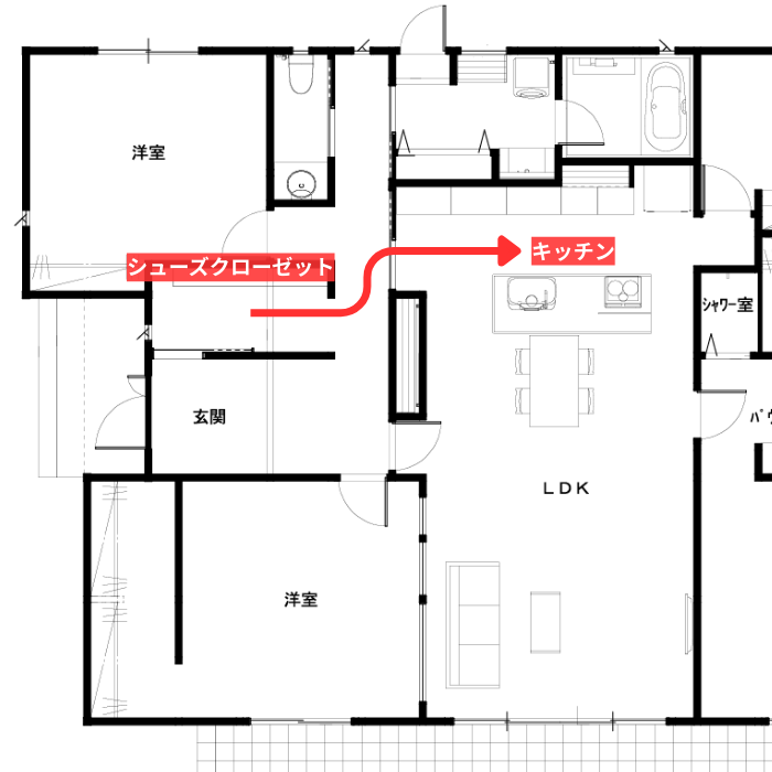 シューズクローゼットとキッチンの動線