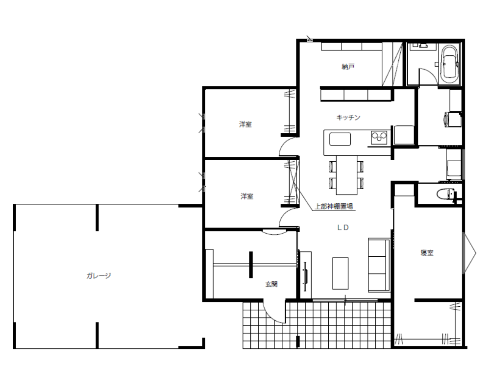 2台分のオープンガレージがある30坪台の家｜間取り