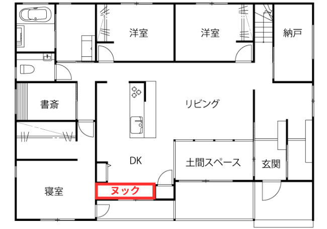ダイニング横に設けた居心地のよいヌックの間取り図